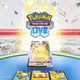 A promotional image for Pokémon TCG Live showing a full-art Pikachu card as well as other Pokémon cards raining from the sky.